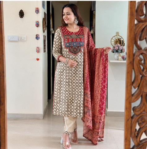 Beige Premium Muslin Kurti Pant Dupatta Set