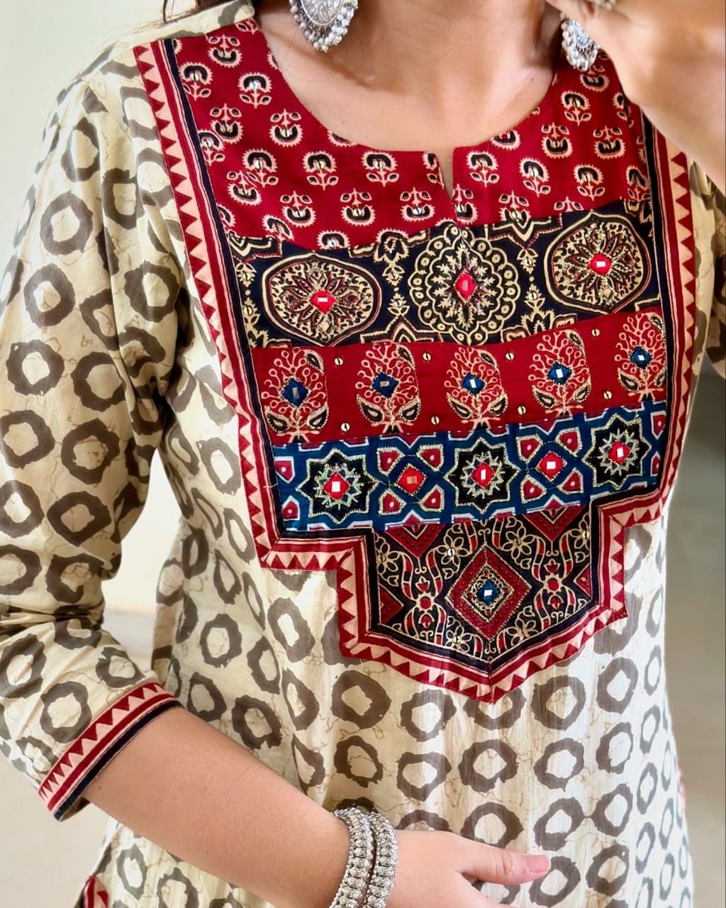 Beige Premium Muslin Kurti Pant Dupatta Set