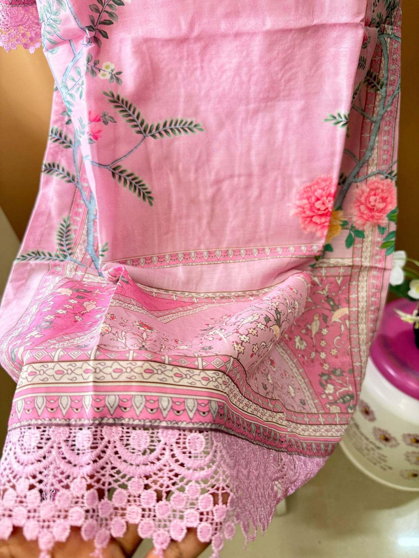 Baby Pink Premium Muslin Kurti, Pant and Dupatta set
