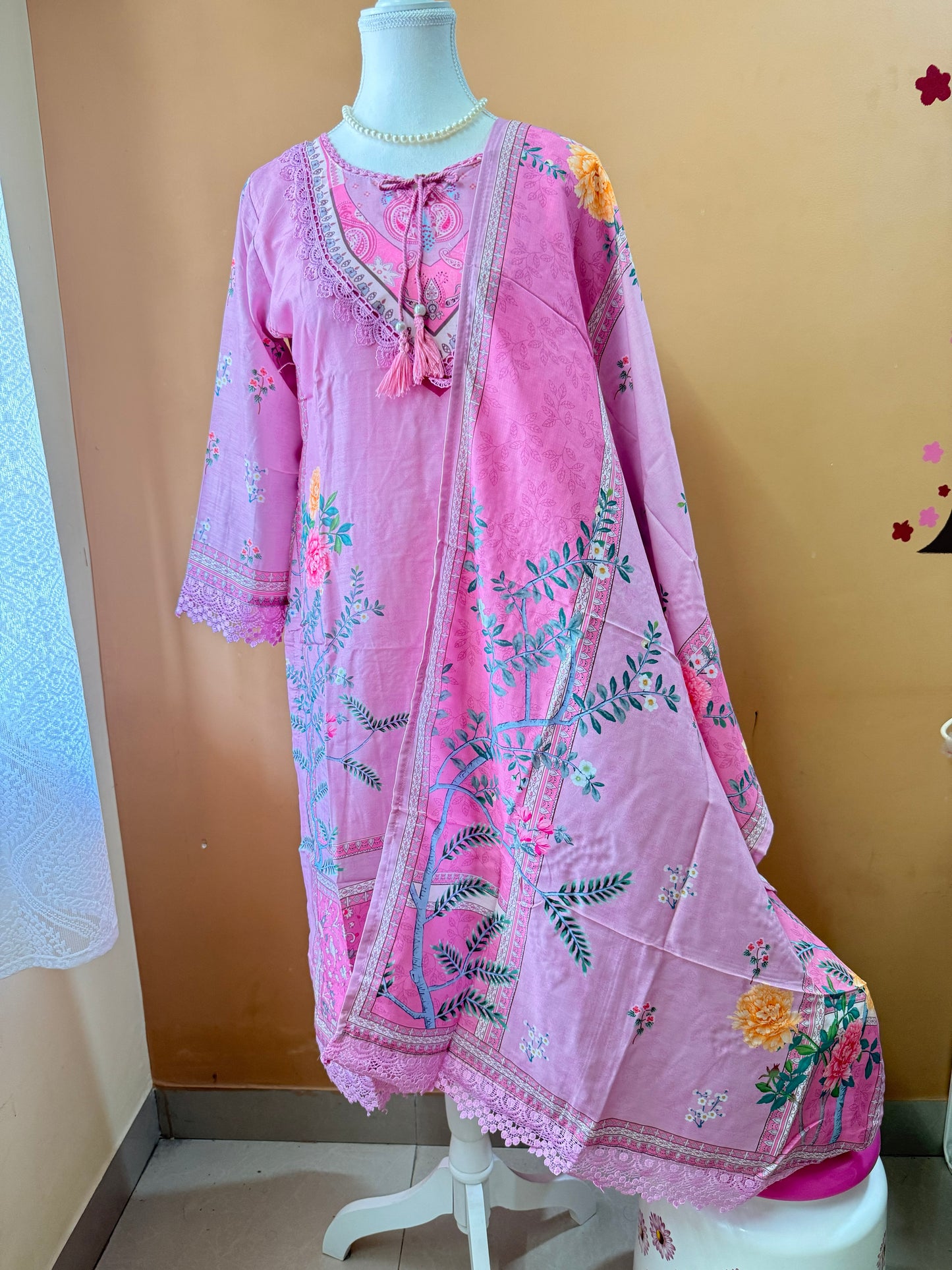 Baby Pink Premium Muslin Kurti, Pant and Dupatta set