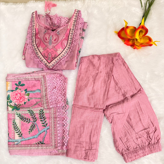 Baby Pink Premium Muslin Kurti, Pant and Dupatta set
