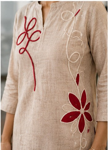Beige Embroidered Premium Jute-Cotton Short Coord Set