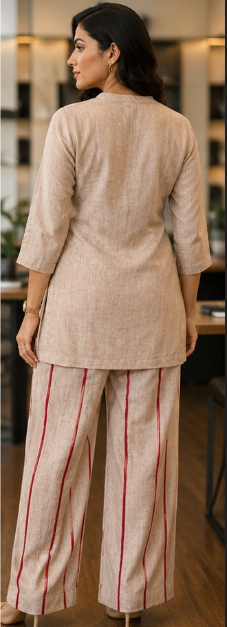 Beige Embroidered Premium Jute-Cotton Short Coord Set