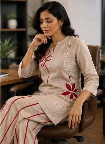 Beige Embroidered Premium Jute-Cotton Short Coord Set