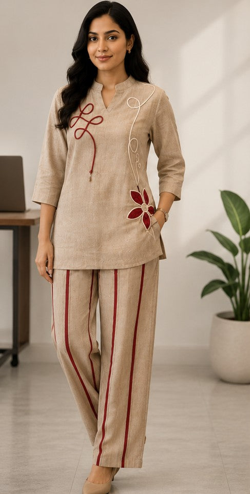 Beige Embroidered Premium Jute-Cotton Short Coord Set