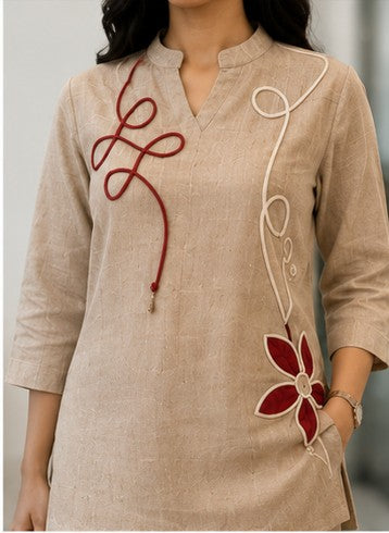 Beige Embroidered Premium Jute-Cotton Short Coord Set