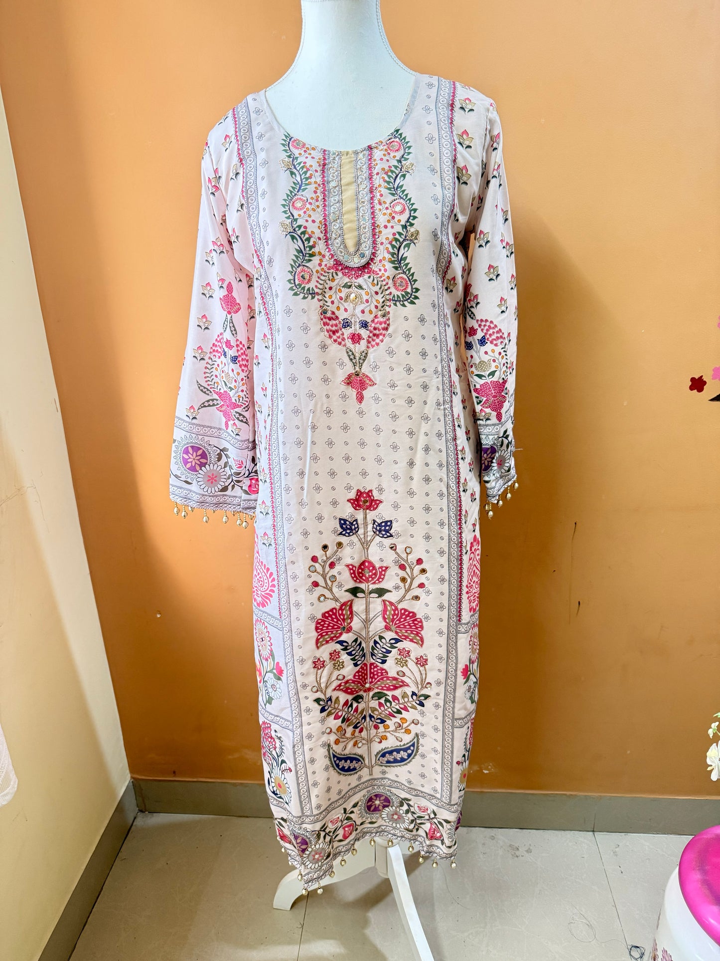 Beige Premium Muslin Kurti Pant Dupatta Set