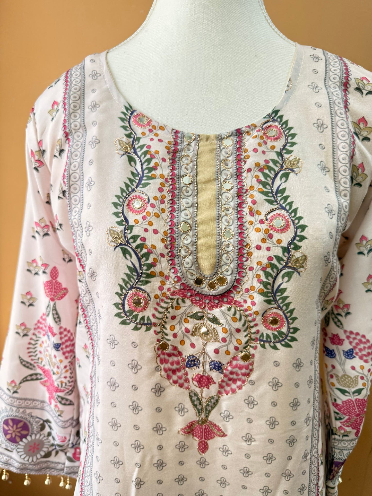 Beige Premium Muslin Kurti Pant Dupatta Set