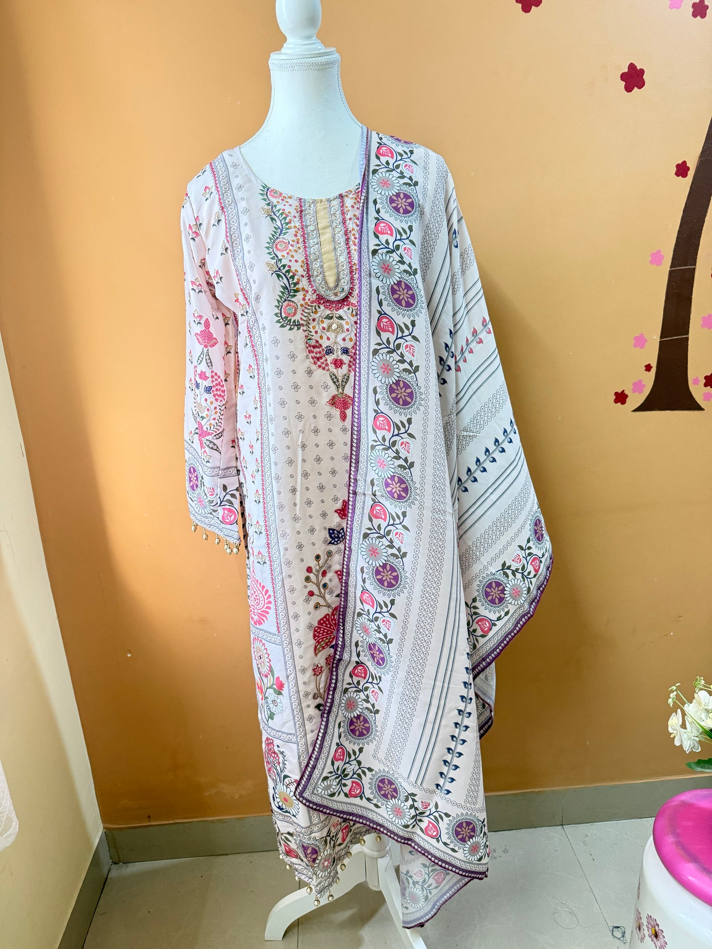 Beige Premium Muslin Kurti Pant Dupatta Set