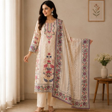 Beige Premium Muslin Kurti Pant Dupatta Set