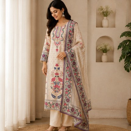 Beige Premium Muslin Kurti Pant Dupatta Set