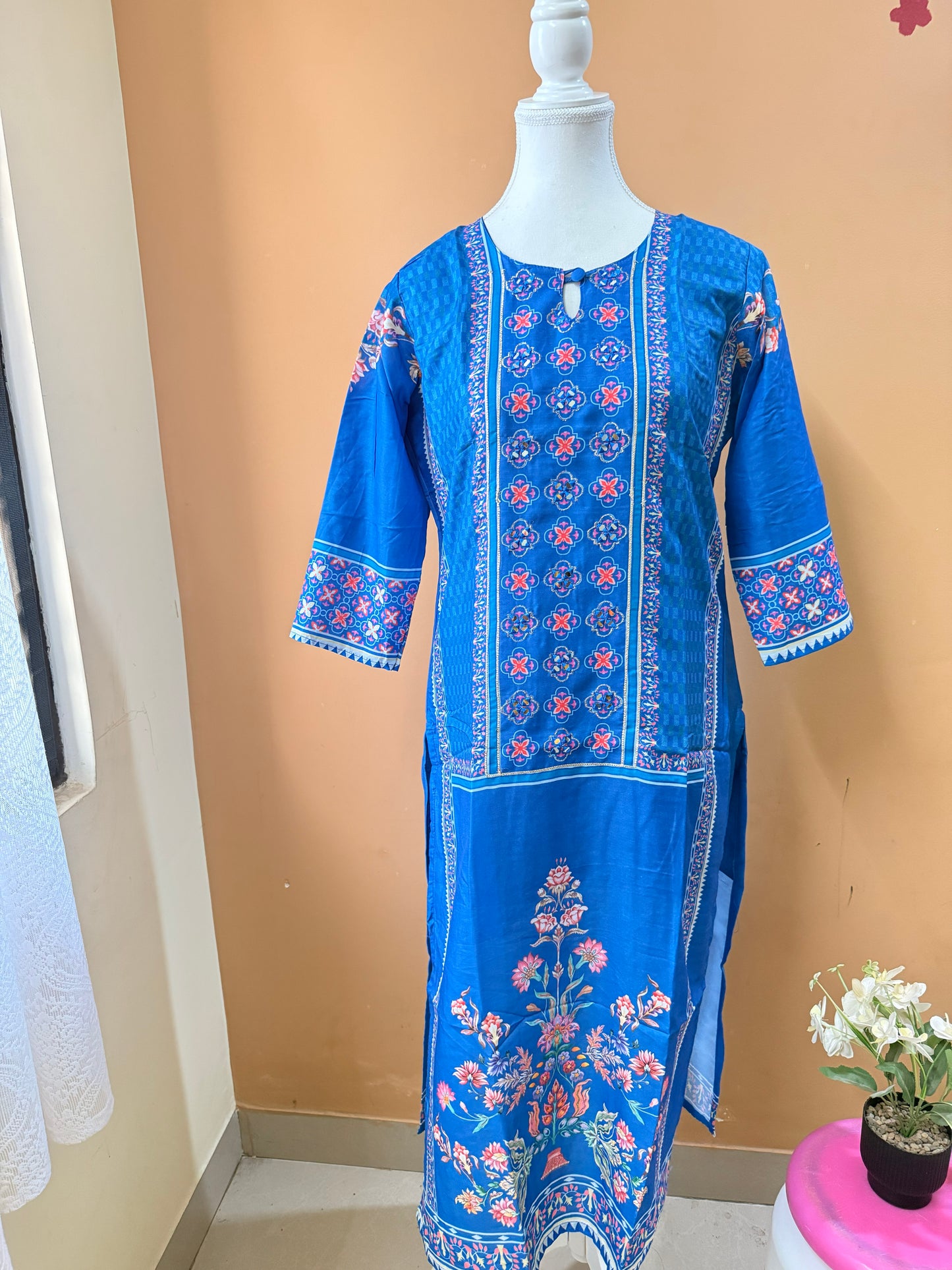 Blue Premium Muslin Kurti Pant Dupatta Set1