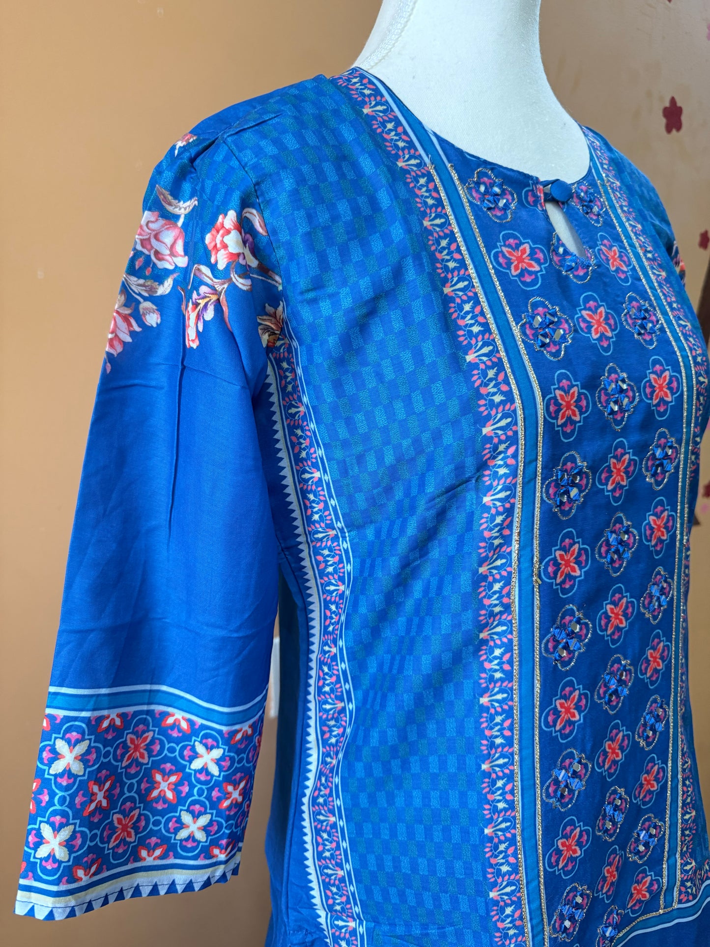 Blue Premium Muslin Kurti Pant Dupatta Set1