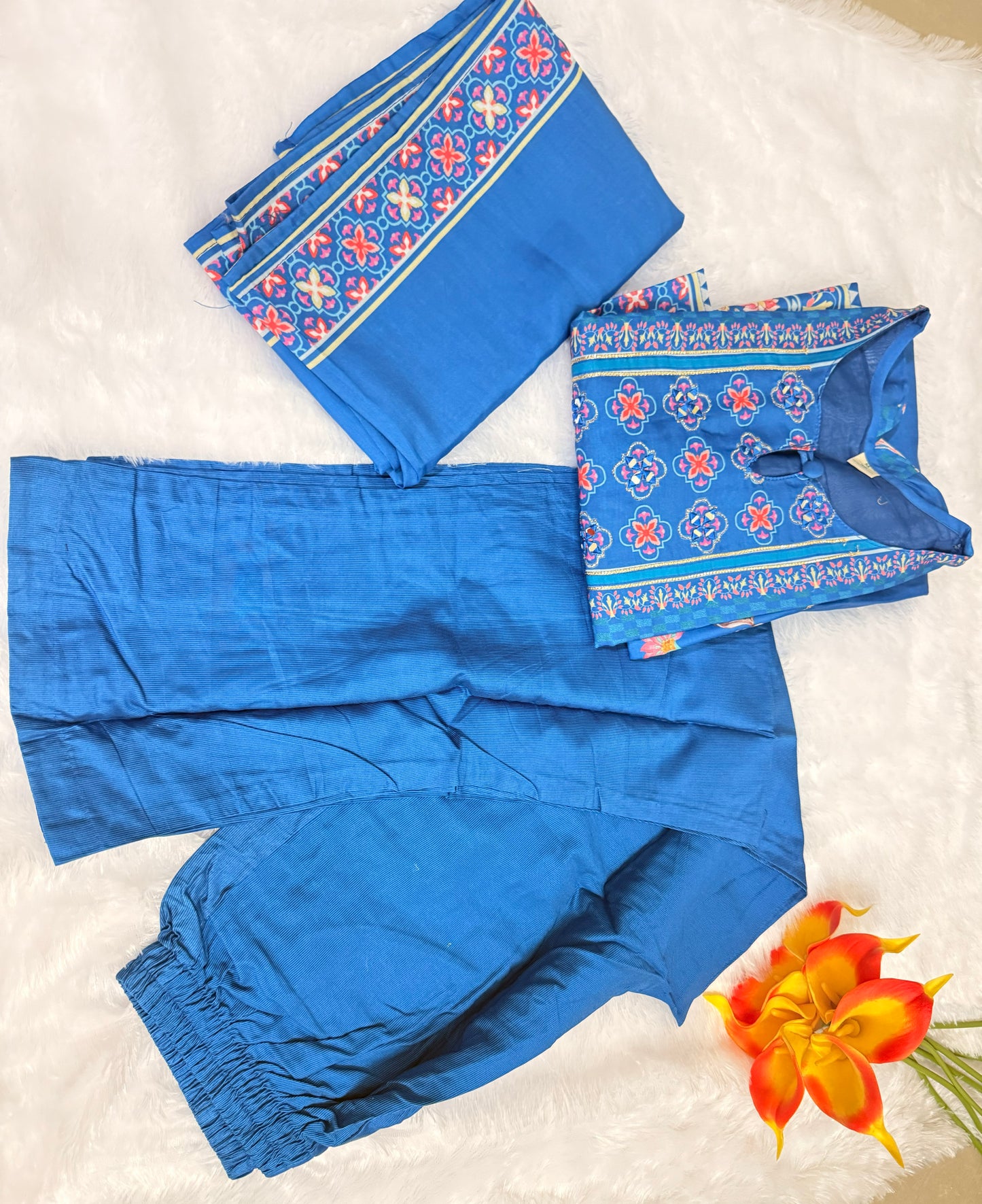 Blue Premium Muslin Kurti Pant Dupatta Set1