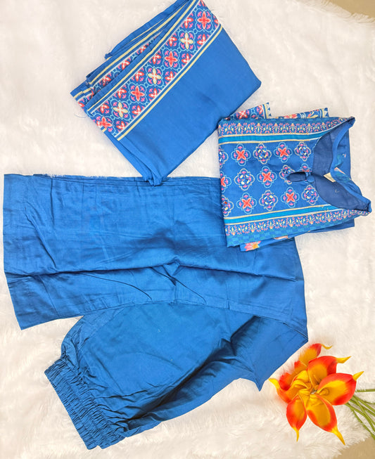 Blue Premium Muslin Kurti Pant Dupatta Set1