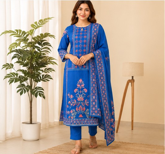 Blue Premium Muslin Kurti Pant Dupatta Set1