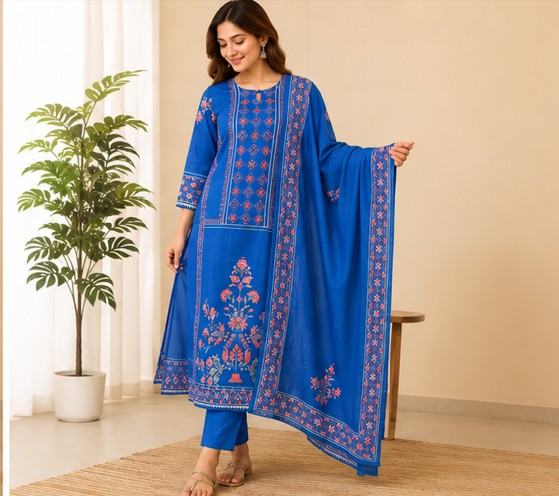 Blue Premium Muslin Kurti Pant Dupatta Set1