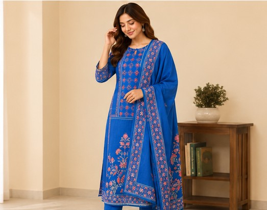 Blue Premium Muslin Kurti Pant Dupatta Set1