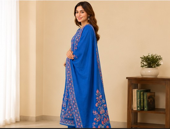 Blue Premium Muslin Kurti Pant Dupatta Set1