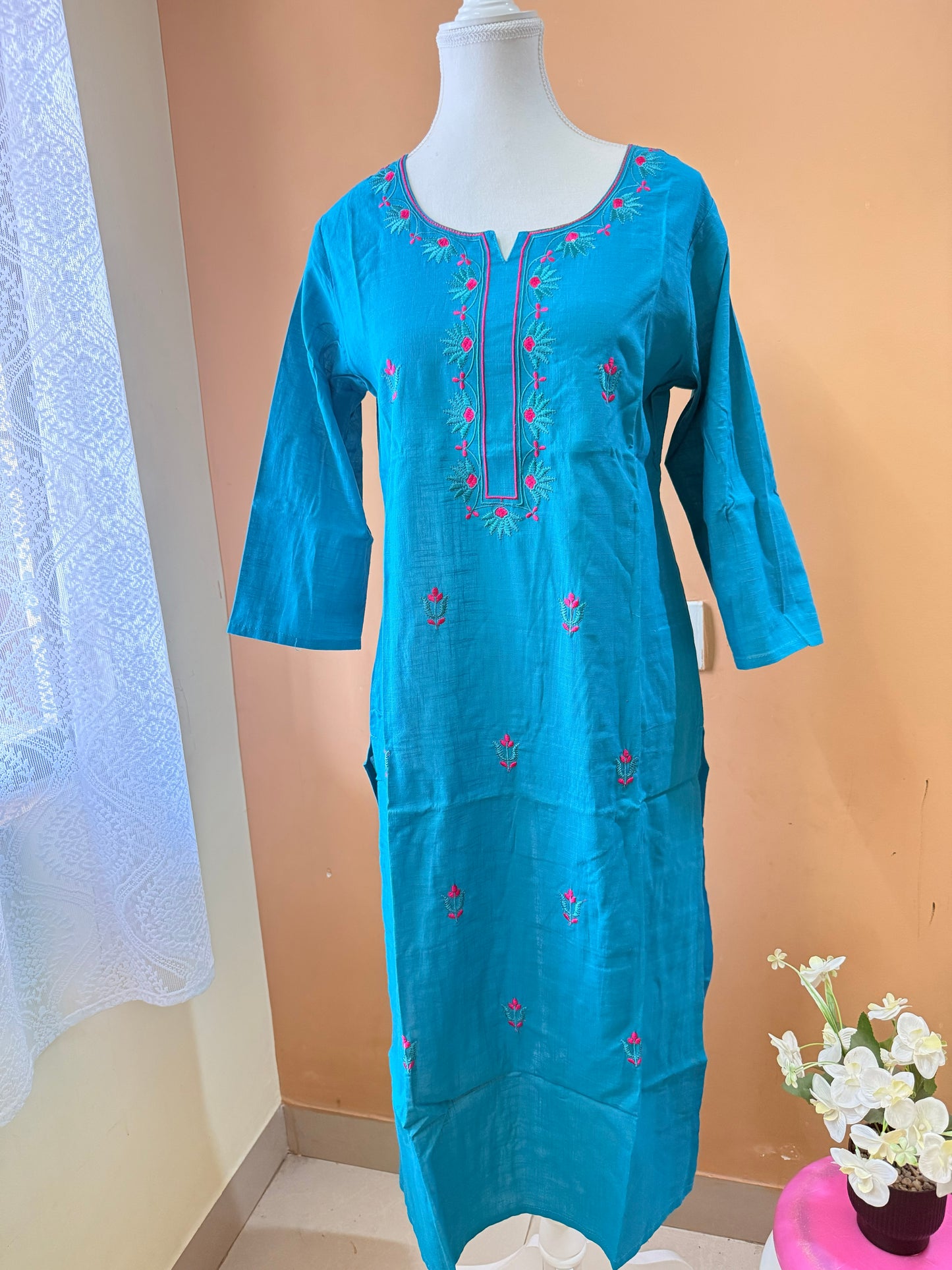 Blue Embroidery Kadhi Cotton Kurti, Pant and printed Dupatta