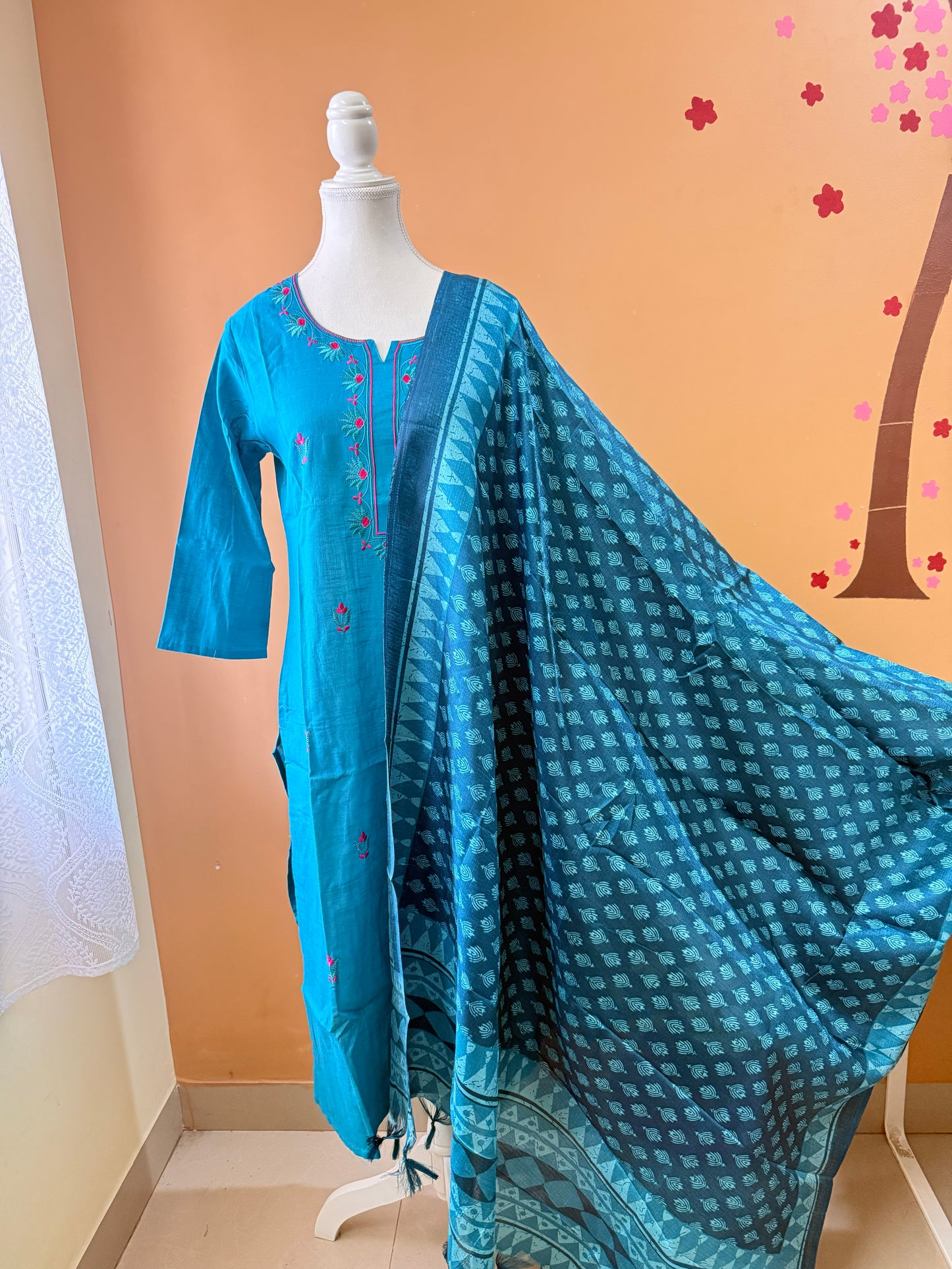 Blue Embroidery Kadhi Cotton Kurti, Pant and printed Dupatta