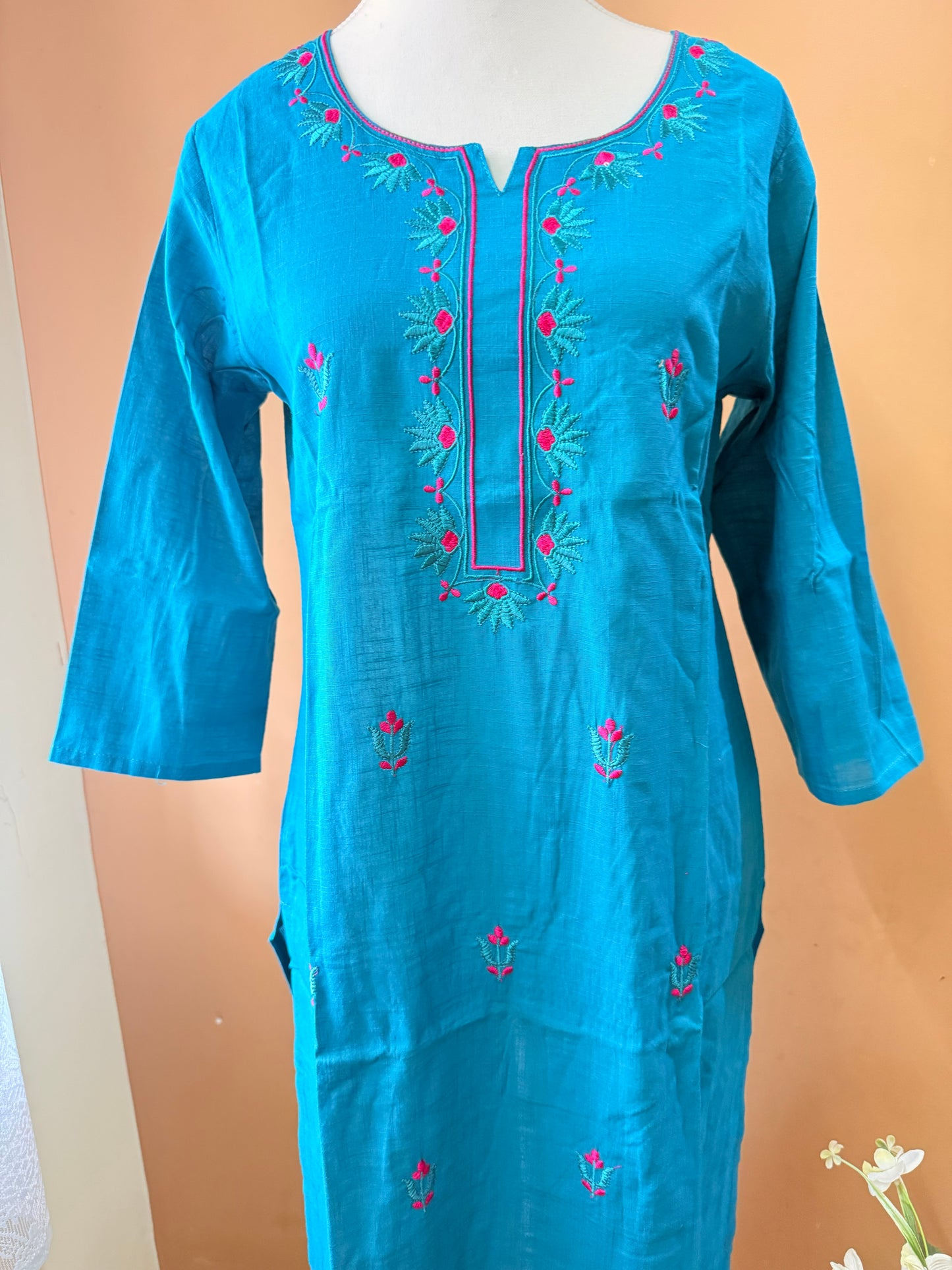 Blue Embroidery Kadhi Cotton Kurti, Pant and printed Dupatta