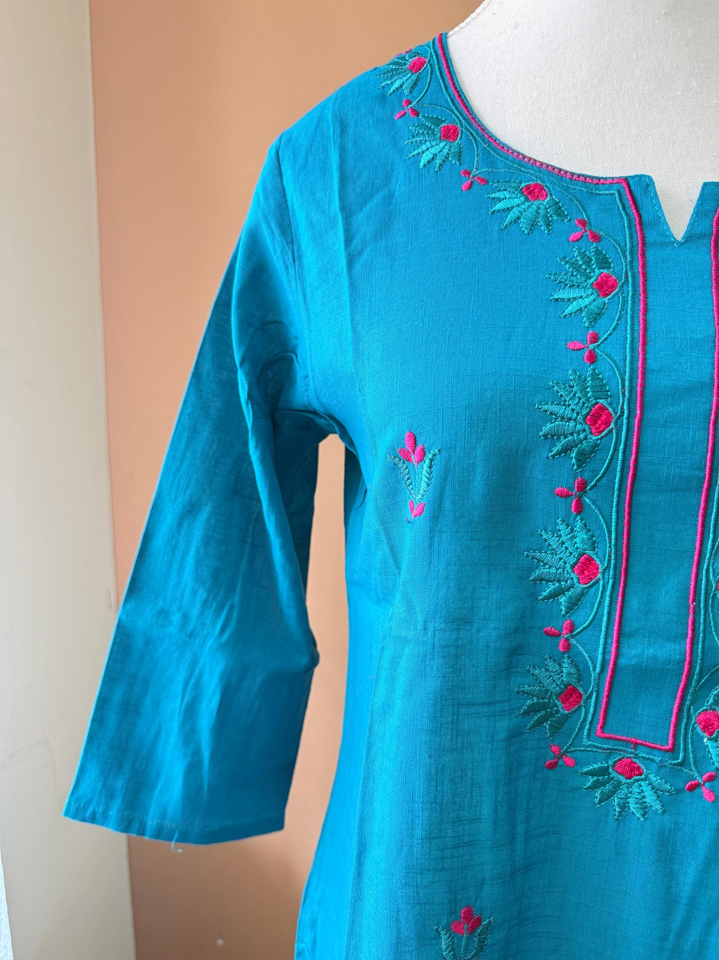 Blue Embroidery Kadhi Cotton Kurti, Pant and printed Dupatta