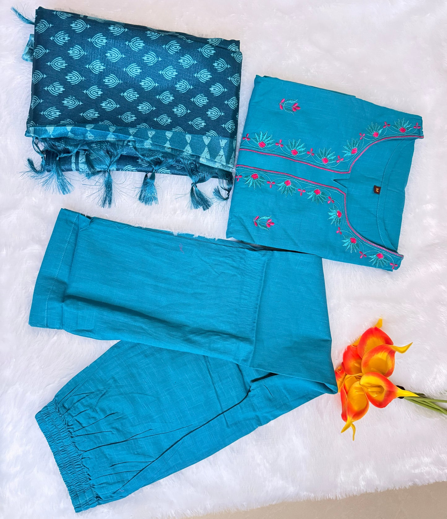 Blue Embroidery Kadhi Cotton Kurti, Pant and printed Dupatta
