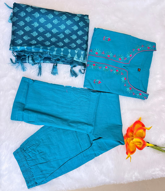 Blue Embroidery Kadhi Cotton Kurti, Pant and printed Dupatta