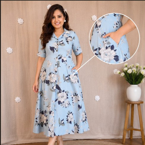 Soft Premium cotton Floral MIDI Blue