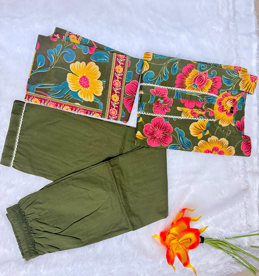 Mehendi Green Premium Mul Cotton Printed Kurti, Pant, Dupatta set