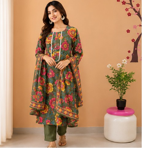 Mehendi Green Premium Mul Cotton Printed Kurti, Pant, Dupatta set