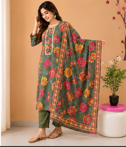 Mehendi Green Premium Mul Cotton Printed Kurti, Pant, Dupatta set