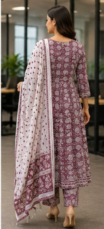 Mauve-Maroon Cotton FROCK Pattern Kurti Pant Dupatta set
