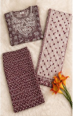 Mauve-Maroon Cotton FROCK Pattern Kurti Pant Dupatta set