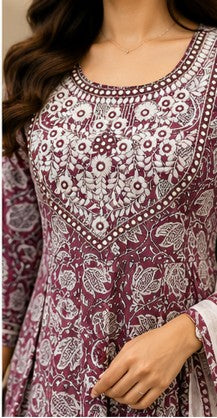 Mauve-Maroon Cotton FROCK Pattern Kurti Pant Dupatta set