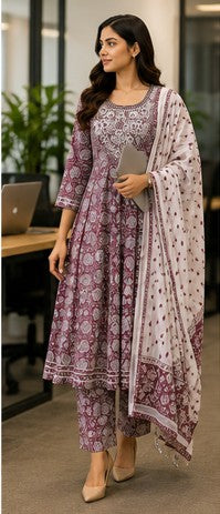 Mauve-Maroon Cotton FROCK Pattern Kurti Pant Dupatta set