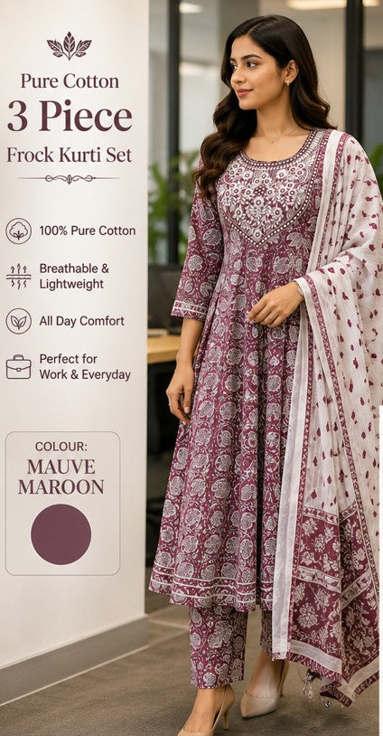 Mauve-Maroon Cotton FROCK Pattern Kurti Pant Dupatta set