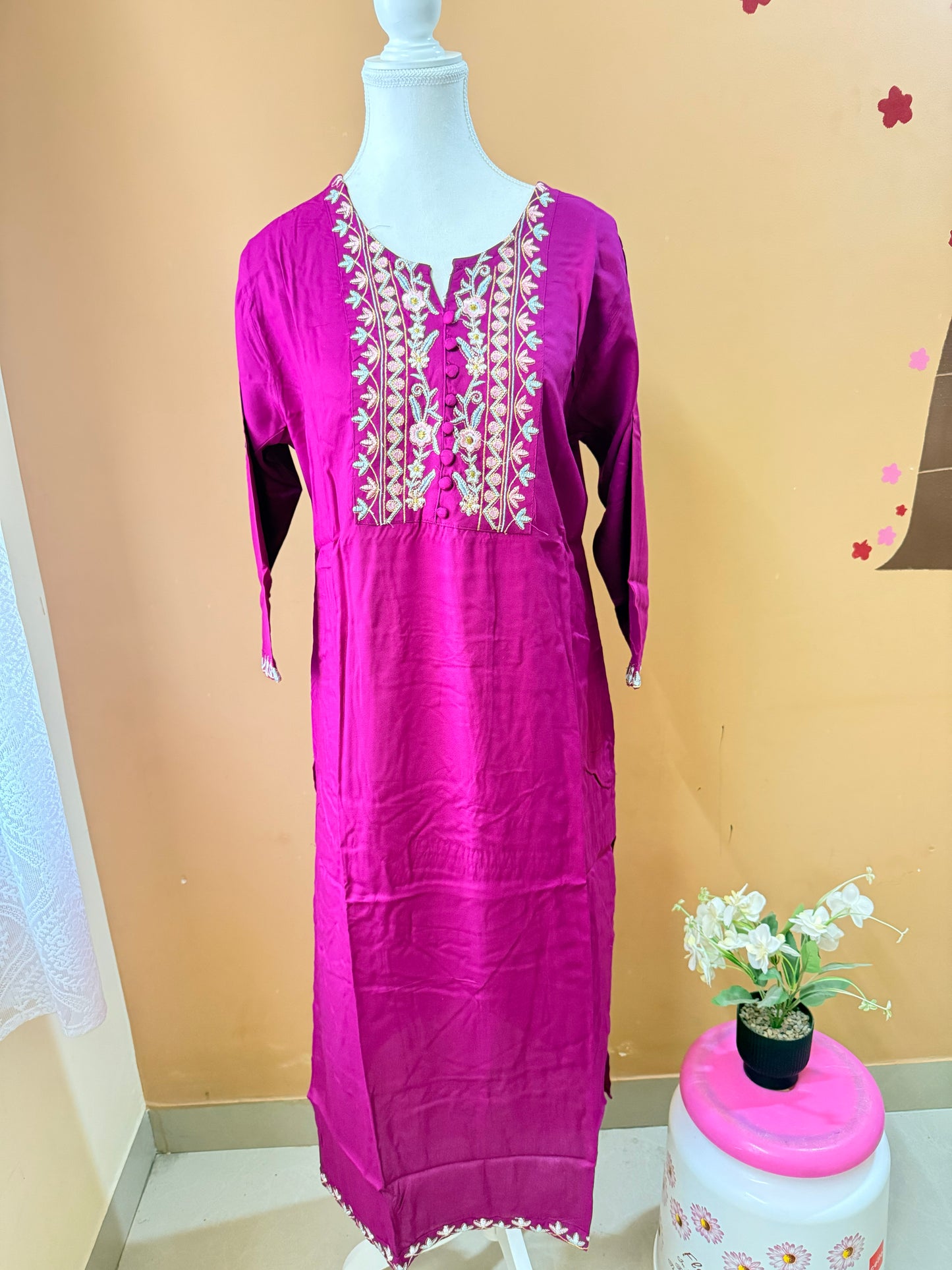 Magenta Embroidery Kurti, Pant, Dupatta Set