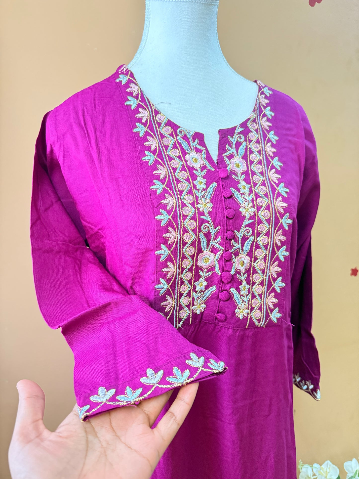 Magenta Embroidery Kurti, Pant, Dupatta Set