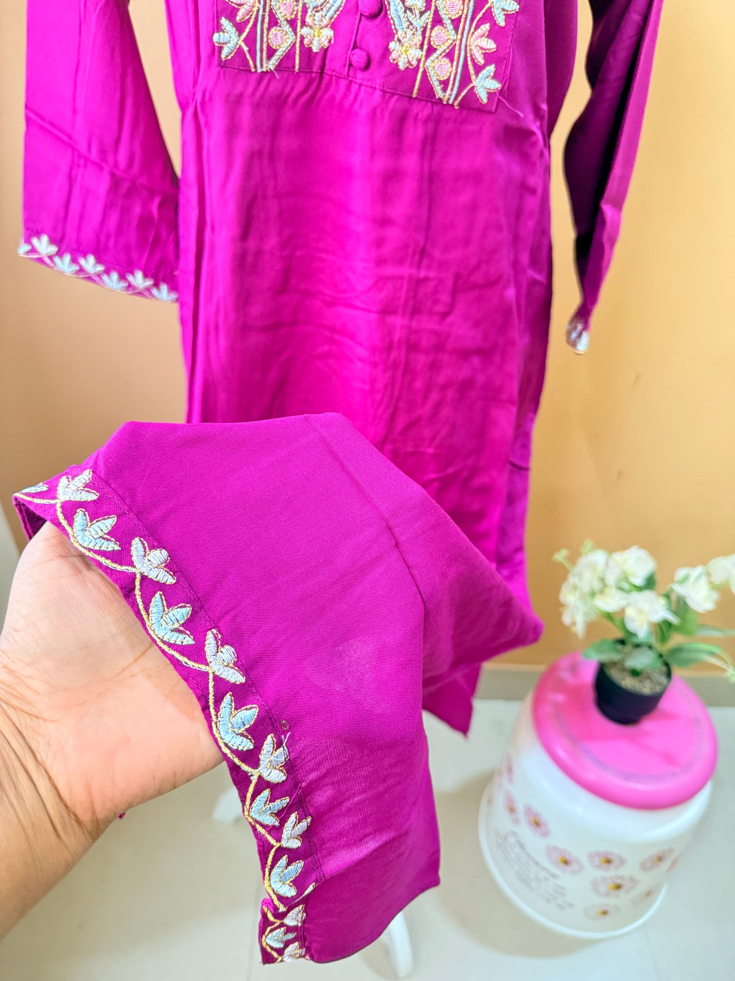 Magenta Embroidery Kurti, Pant, Dupatta Set