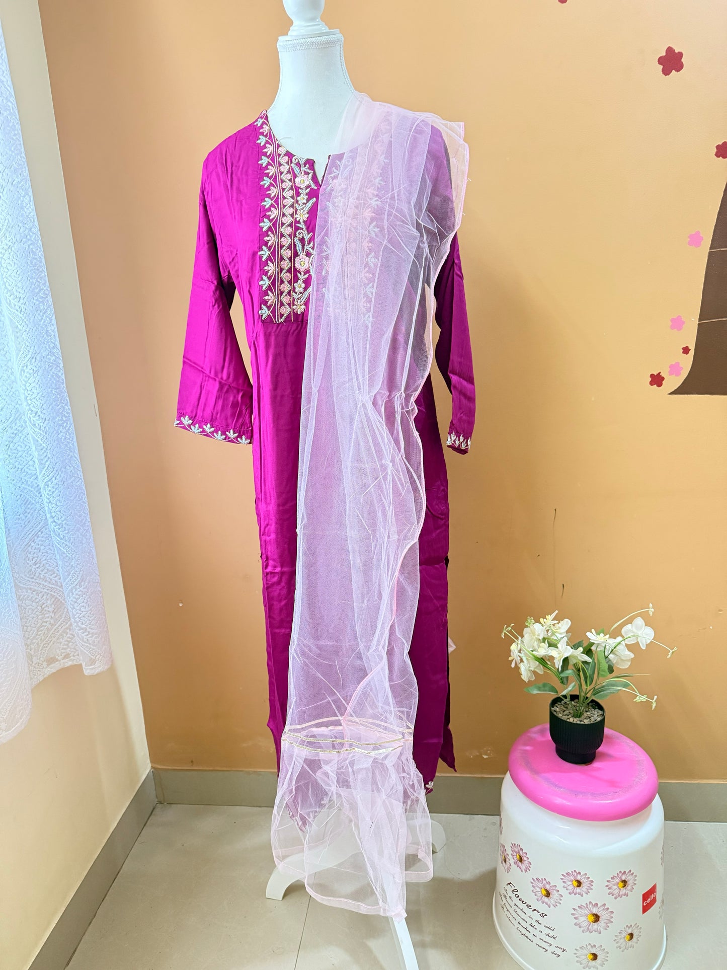 Magenta Embroidery Kurti, Pant, Dupatta Set