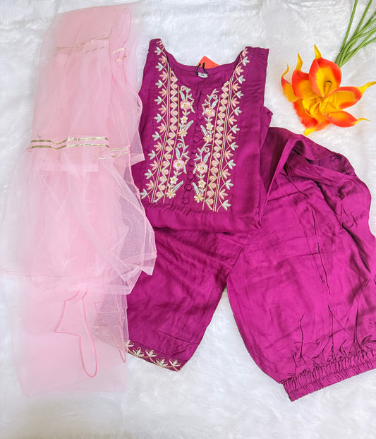 Magenta Embroidery Kurti, Pant, Dupatta Set