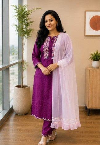 Magenta Embroidery Kurti, Pant, Dupatta Set