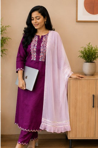 Magenta Embroidery Kurti, Pant, Dupatta Set