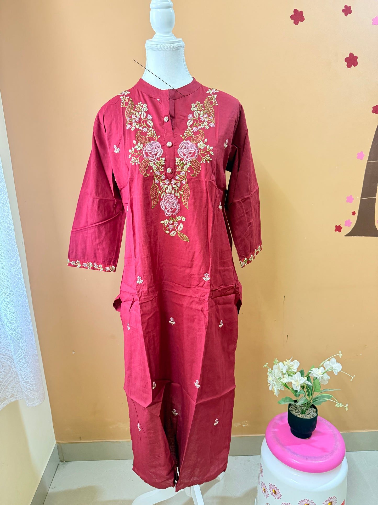 Marron Elegant Embroidery Kurti, Pant, Dupatta Set
