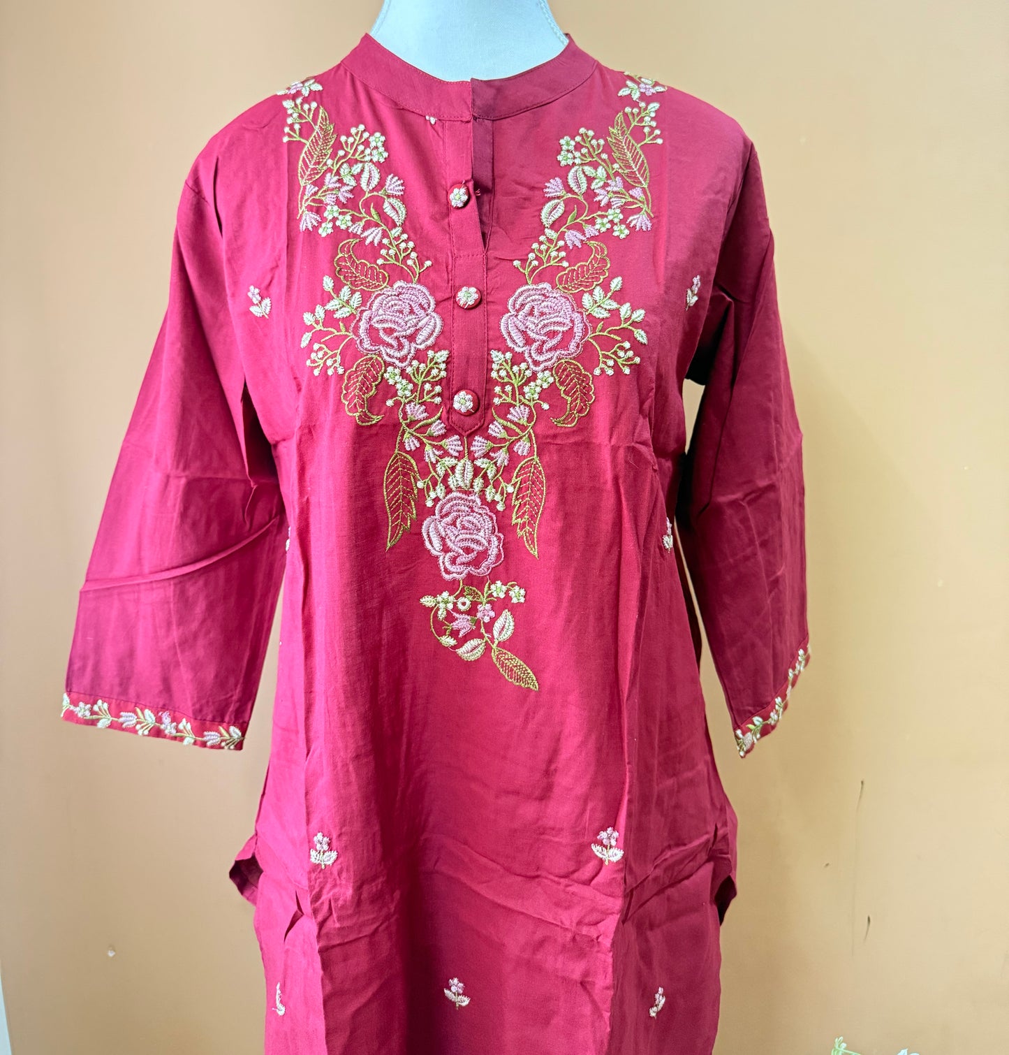 Marron Elegant Embroidery Kurti, Pant, Dupatta Set
