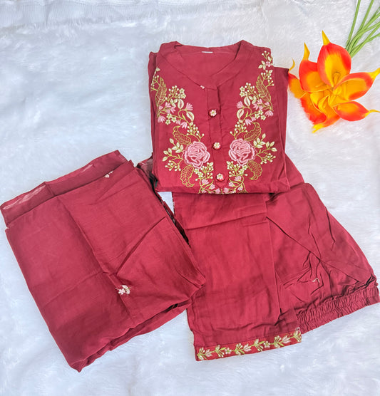 Marron Elegant Embroidery Kurti, Pant, Dupatta Set