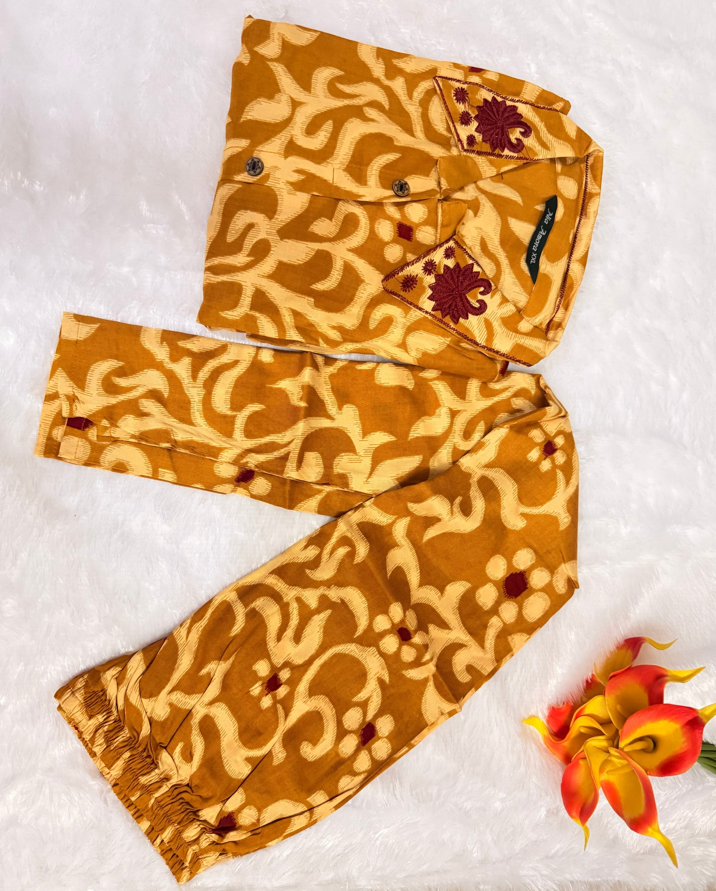 Mustard Yellow Printed Easy to Maintain A-line Coord set