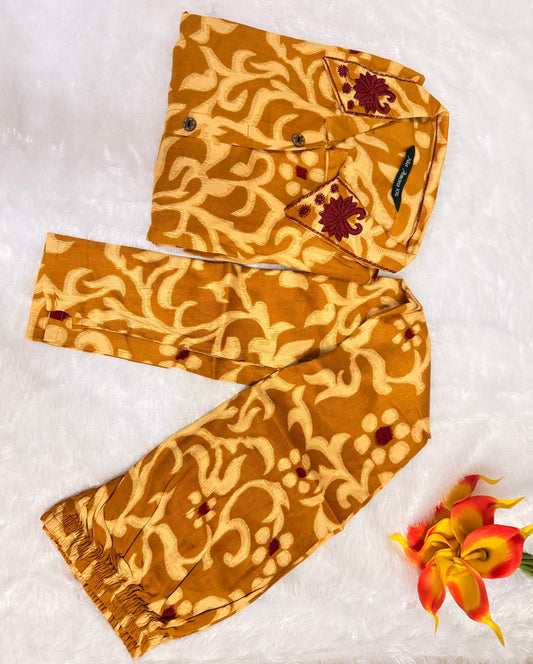 Mustard Yellow Printed Easy to Maintain A-line Coord set